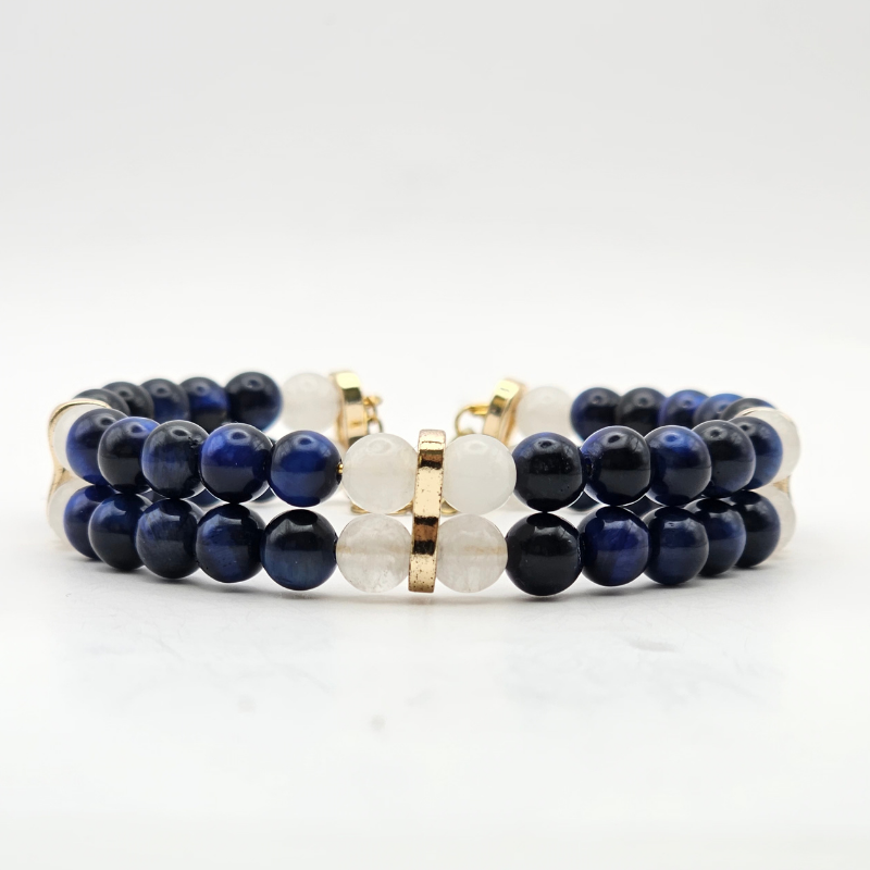 Blue Tiger’s Eye & White Jade 6mm Double Strand Bracelet - Gold
