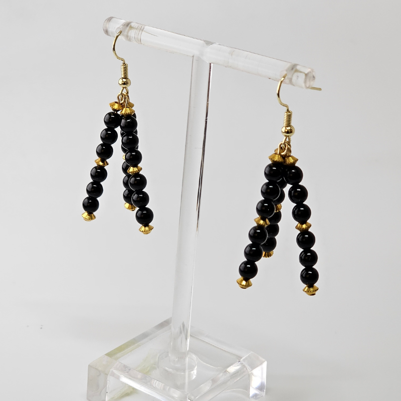 Black Tourmaline Triple Strand Dangle- Gold