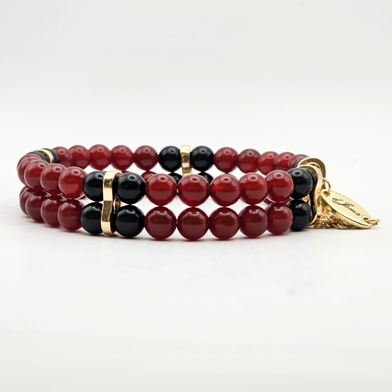 Carnelian & Black Onyx 6mm Double-Strand Bracelet- Gold