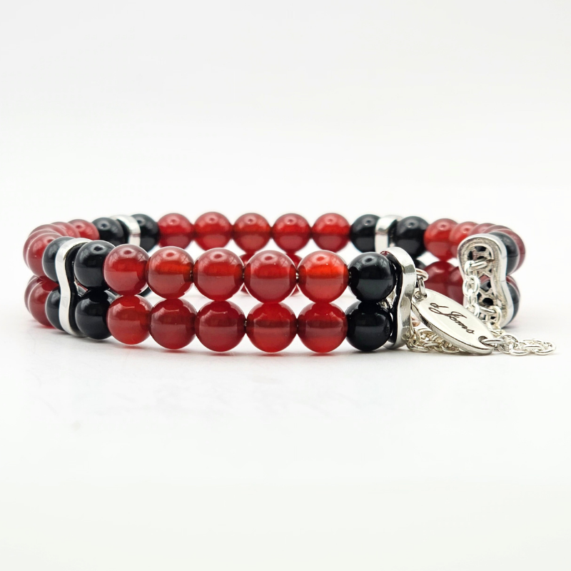 Carnelian & Black Onyx 6mm Double-Strand Bracelet- Silver