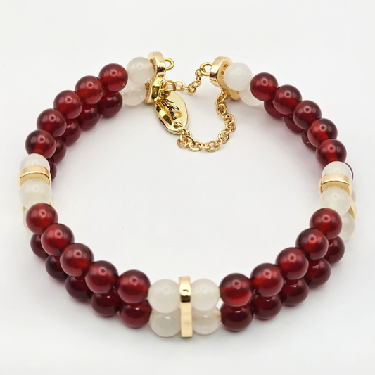 Carnelian & White Jade 6mm Double Strand Bracelet- Gold