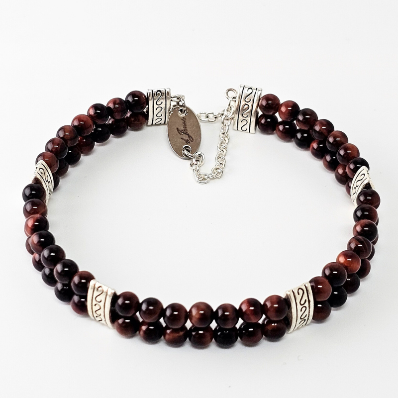 Red Tiger's Eye 4mm Double Strand Bracelet featuring deep reddish-brown beads on silver-plated memory wire, secured with a fixed safety chain.