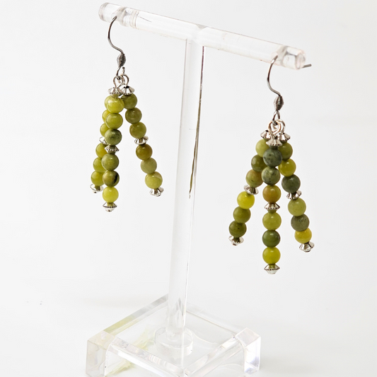dJems Taiwan Jade 3-strand drop earrings with 4mm luminous soft green natural gemstone beads.