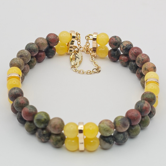 Unakite & Yellow Angelite 6mm Double Strand Bracelet - Gold