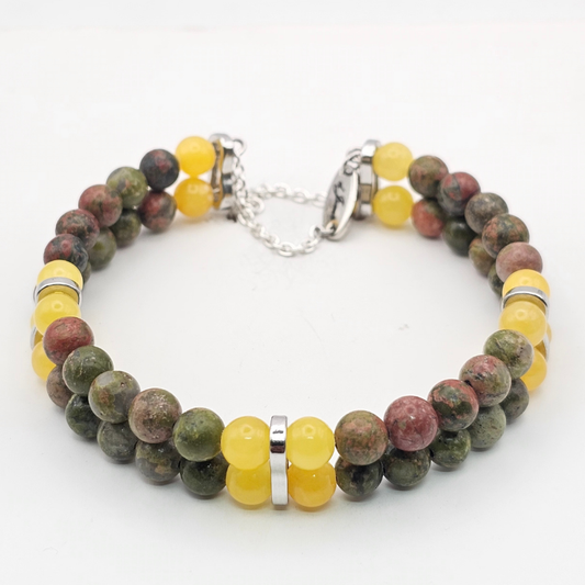 Unakite & Yellow Angelite 6mm Double Strand Bracelet - Silver