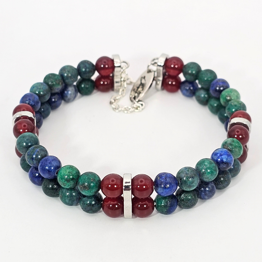 Azurite & Carnelian Double 6mm Strand Bracelet- Silver