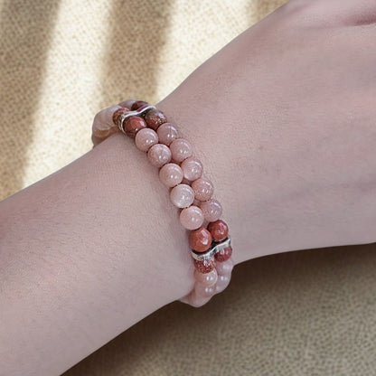 Sunstone & Red Jasper Agate 6mm double Strand Bracelet- Silver