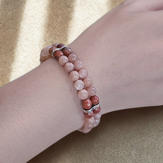 Sunstone & Red Jasper Agate 6mm double Strand Bracelet- Silver