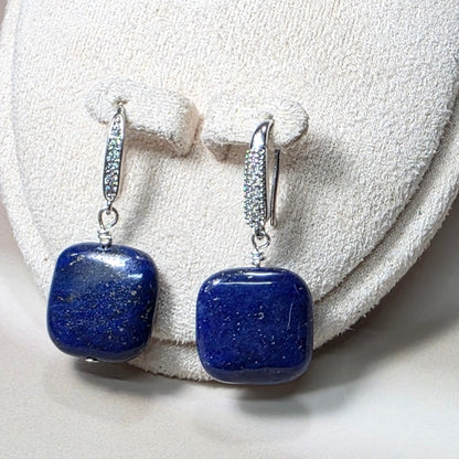 Drop Earrings Lapis Lazuli Square w/ Cubic Zirconia