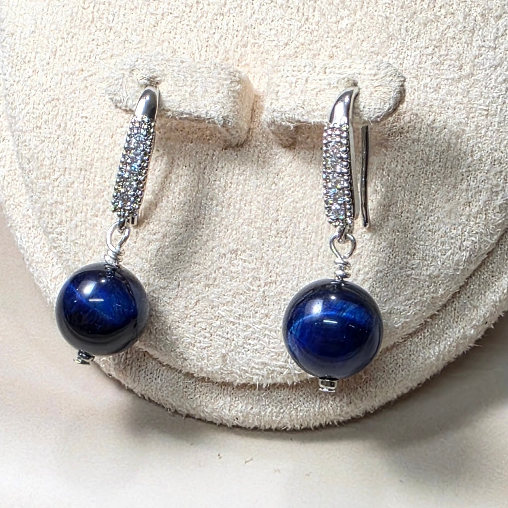 Blue Tigers Eye Drop Earring with Cubic Zirconia
