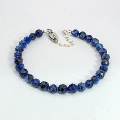 Blue beaded bracelet with silver clasp on a white background