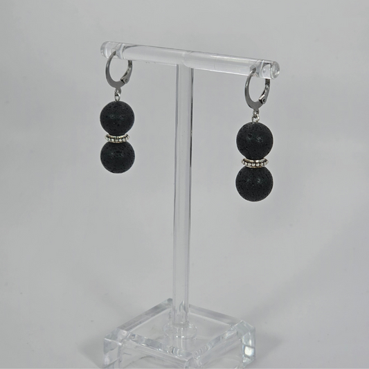 Black Lava Drop Earrings w/ Accent- Silver