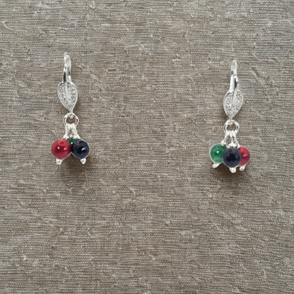Black Onyx, Red Cinnabar & Emerald Drop Earrings - Silver