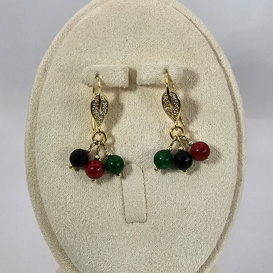 Black Onyx, Red Cinnabar & Emerald Drop Earrings - Gold