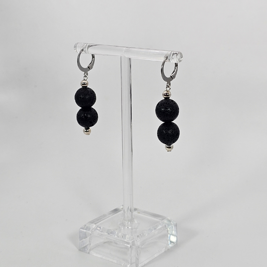Black Lava Drop Earrings- Silver