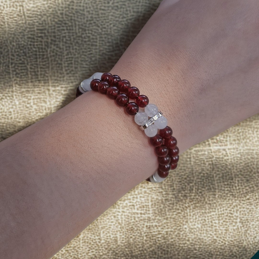 Carnelian & White Jade 6mm Double Strand Bracelet- Silver