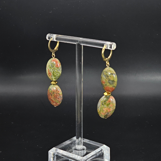 Unakite Drop Earrings- Gold