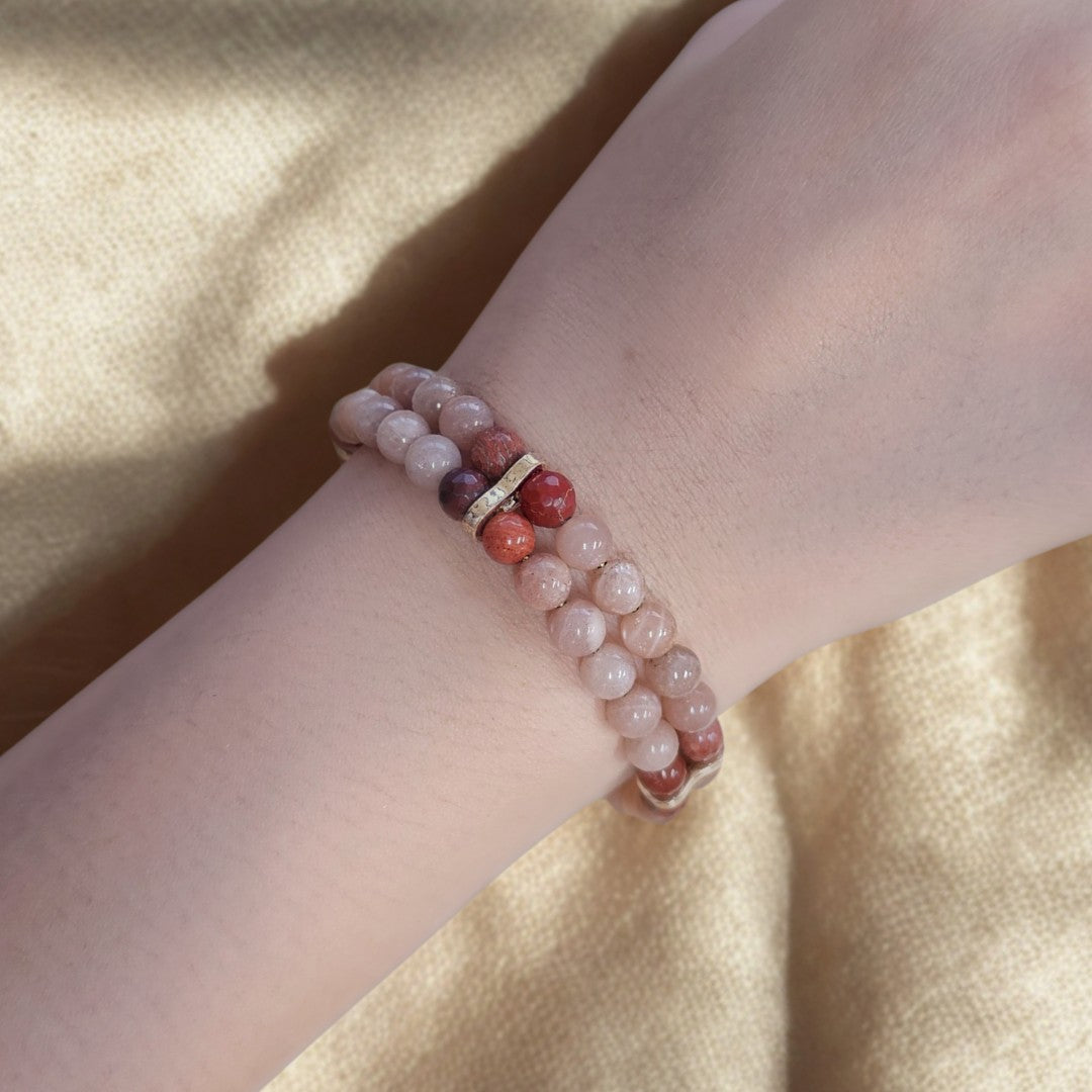 Sunstone & Red Jasper Agate 6mm double Strand Bracelet- Gold