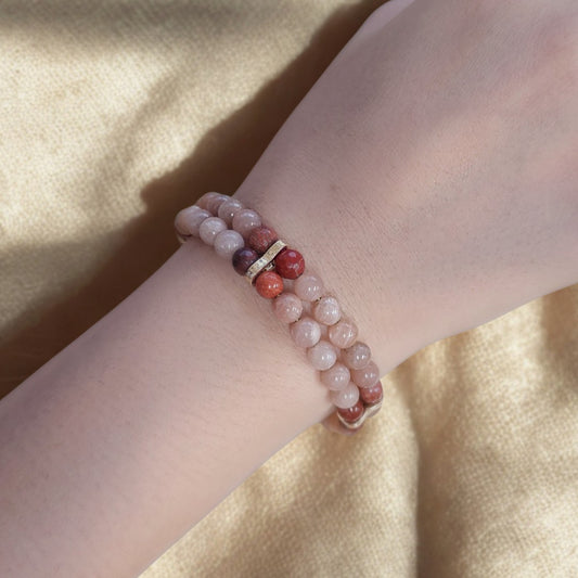 Sunstone & Red Jasper Agate 6mm double Strand Bracelet- Gold