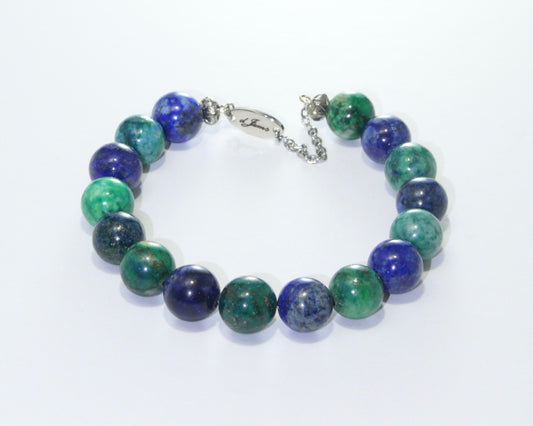 Handmade Azurite Bracelet showcasing 10mm deep blue azurite beads on plated stainless steel memory wire with a fixed safety chain.

