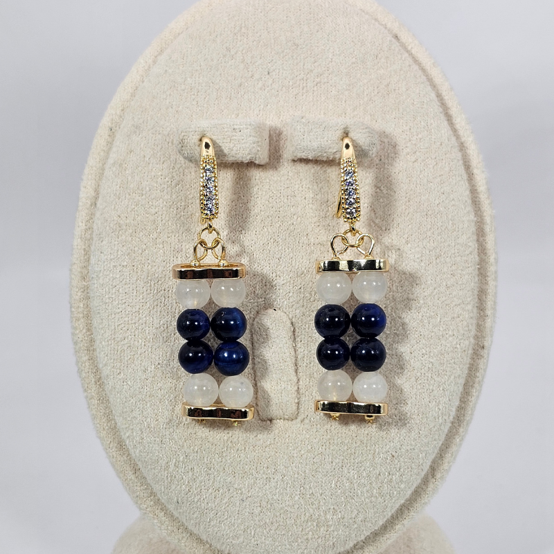 Blue Tiger’s Eye & White Jade 6mm Dangle Earrings- Gold