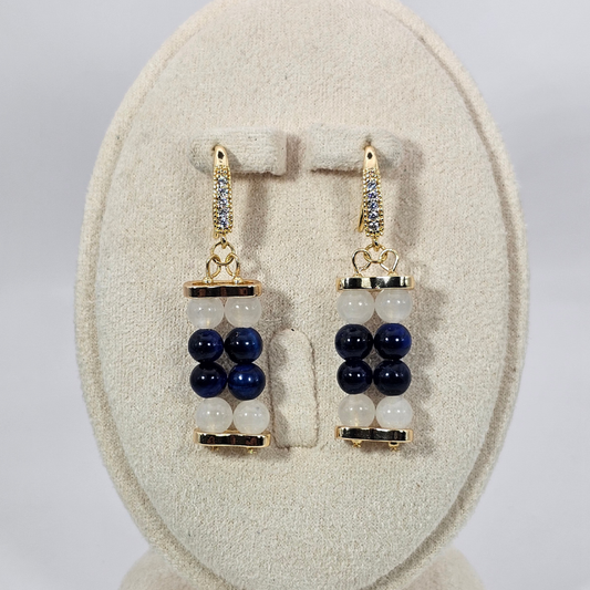Blue Tiger’s Eye & White Jade 6mm Dangle Earrings- Gold