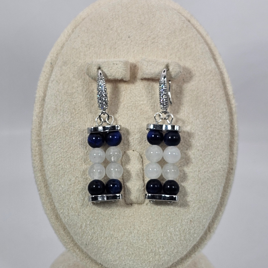 Blue Tiger’s Eye & White Jade 6mm Dangle Earrings- Silver