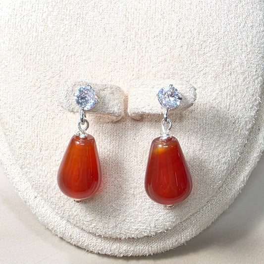 Red Agate Carnelian Teardrop Stud Earrings w/ Cubic Zirconia