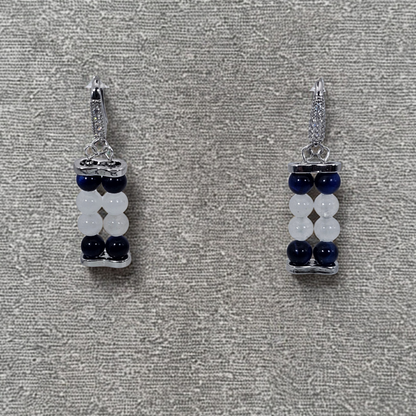 Blue Tiger’s Eye & White Jade 6mm Dangle Earrings- Silver