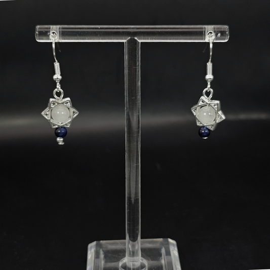 Holiday Star Dangle Earrings White Jade & Blue Tiger’s Eye - Silver