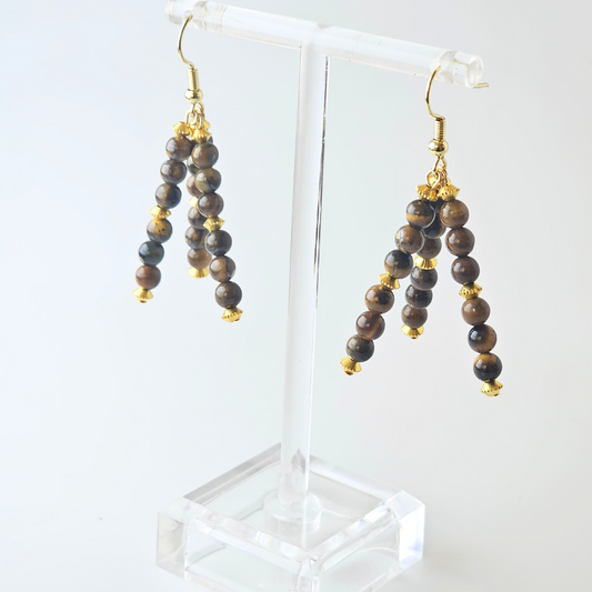 Brown Tiger's Eye Triple strand Dangle- Gold