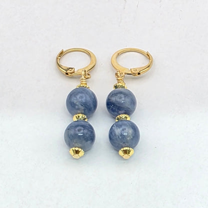 Pair of earrings with blue beads and gold accents on a white background