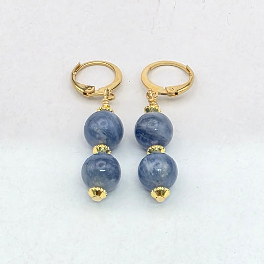 Pair of earrings with blue beads and gold accents on a white background