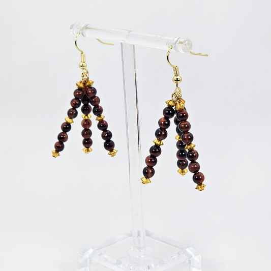 Red Tiger's Eye Triple Strand Dangle- Gold