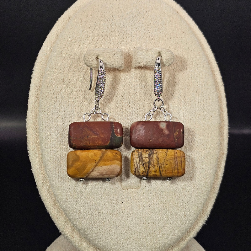 Red Jasper Agate Rectangular Dangle Earrings- Silver
