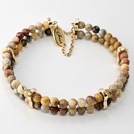 Crazy Lace Agate 4mm Double Strand Bracelet featuring faceted red, brown, and cream beads on silver-plated memory wire with a fixed safety chain