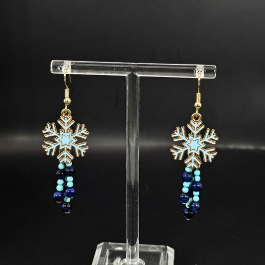 Snowflake Holiday Dangle Earrings – Howlite Turquoise & Blue Tiger’s Eye
