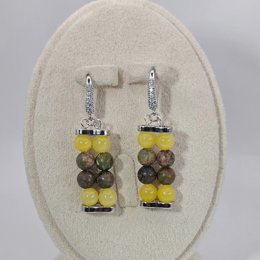 Unakite & Yellow Angelite 6mm Dangle Earrings - Silver
