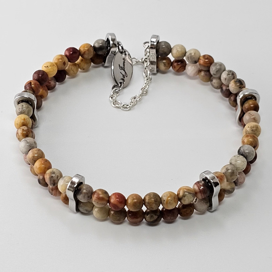 Crazy Lace Agate 4mm Double Strand Bracelet showcasing earthy-toned beads with natural swirling patterns on silver-plated memory wire, secured with a fixed safety chain.