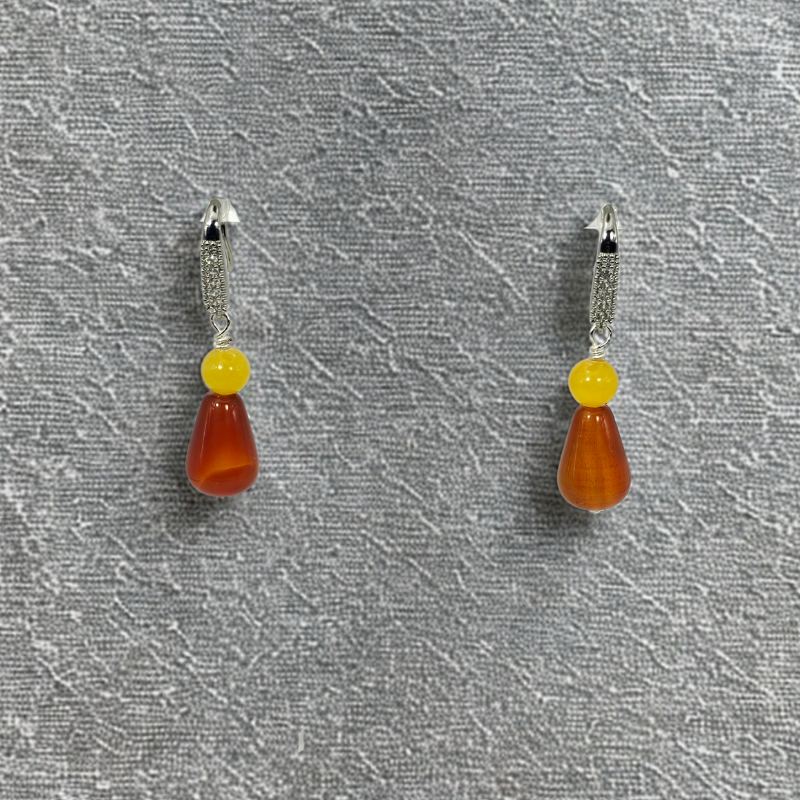 Red Agate Carnelian & Yellow Agate Dangle Earrings- Silver