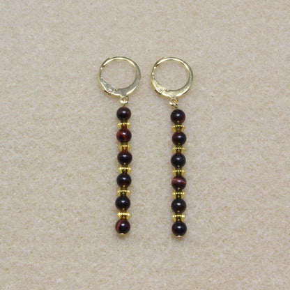 Pair of Red Tiger's Eye Dangle Earrings showcasing 4mm natural red tiger's eye beads with lever-back closures, highlighting the stone's rich reddish-brown hue.