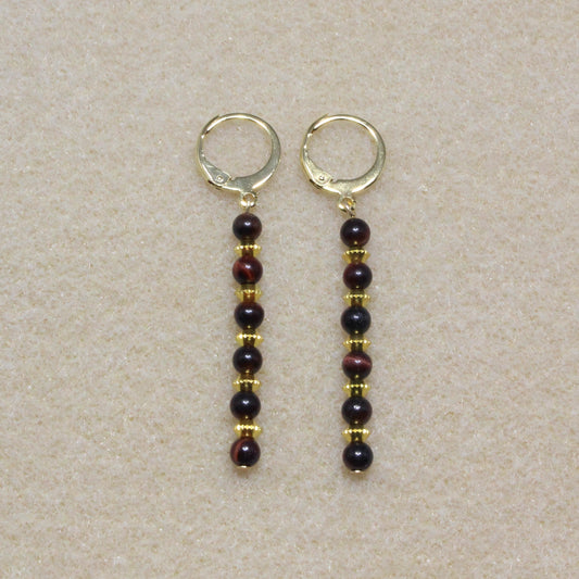 Pair of Red Tiger's Eye Dangle Earrings showcasing 4mm natural red tiger's eye beads with lever-back closures, highlighting the stone's rich reddish-brown hue.
