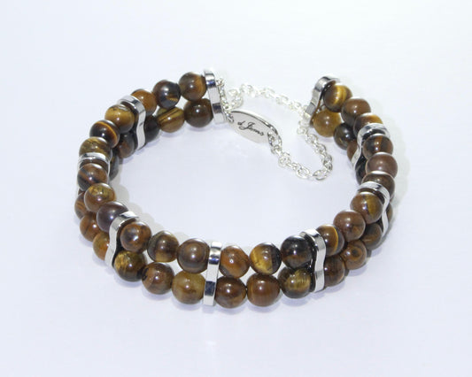 Handmade Brown Tiger's Eye Double Bracelet showcasing 6mm or 8mm golden-brown chatoyant beads on plated stainless steel memory wire with a fixed safety chain.