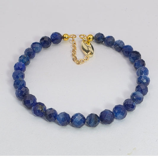 Blue beaded bracelet with a gold clasp on a white background