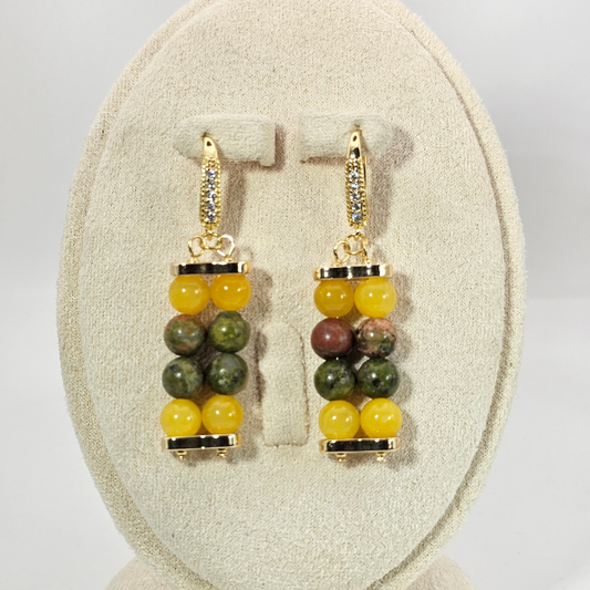 Unakite & Yellow Angelite 6mm Dangle Earrings - Gold