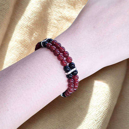 Carnelian & Black Onyx 6mm Double-Strand Bracelet- Silver