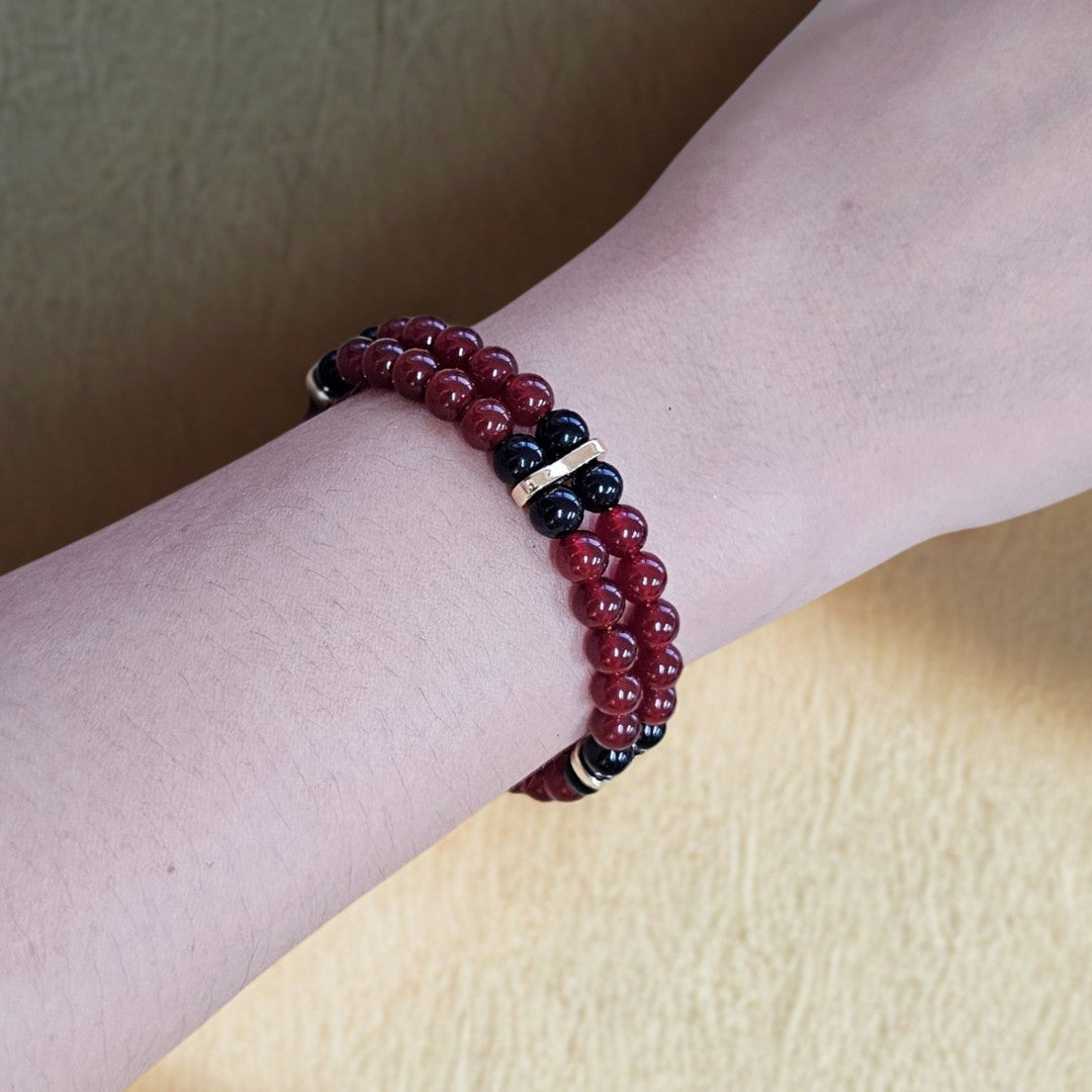 Carnelian & Black Onyx 6mm Double-Strand Bracelet- Gold
