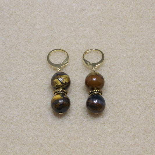 Pair of Brown Tiger's Eye Drop Earrings with 10mm beads and lever-back closures, showcasing the stone's warm golden-brown hues.