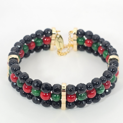 Black Onyx Faceted 6mm Triple-Strand Bracelet- Gold