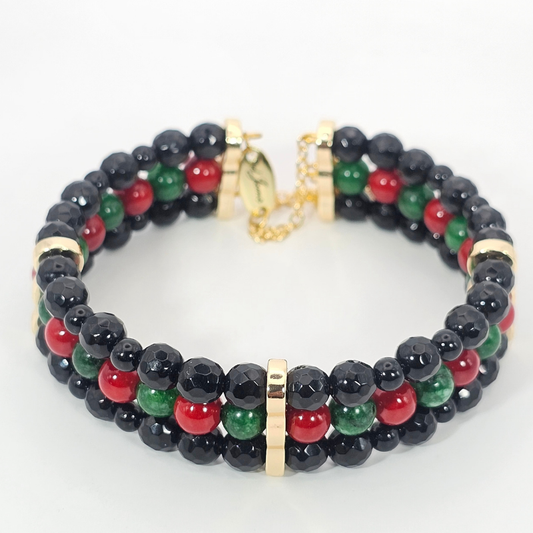 Black Onyx Faceted 6mm Triple-Strand Bracelet- Gold